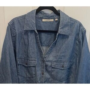 Sejour Denim Top Womens Sz 22 W V-Neck Long Sleeve Button Chambray Blouse Casual